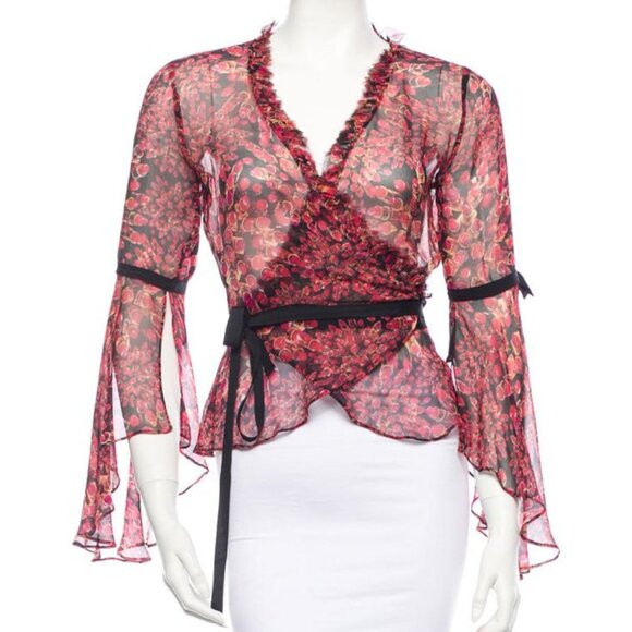 Diane Von Furstenberg Silk Wrap Blouse Top Lipstick Print Flare Sleeves Sheer 8 - Picture 1 of 14